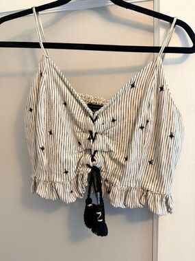 American Eagle Outfitters Cream & Black Star Tie-Front Crop Camisole